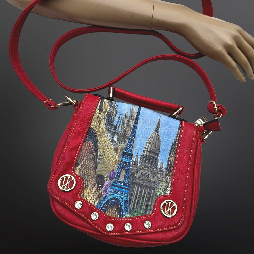 Y2K Paris Eiffel Tower Handbag Red Crossbody Top Handle Faux Leather Rhinestones